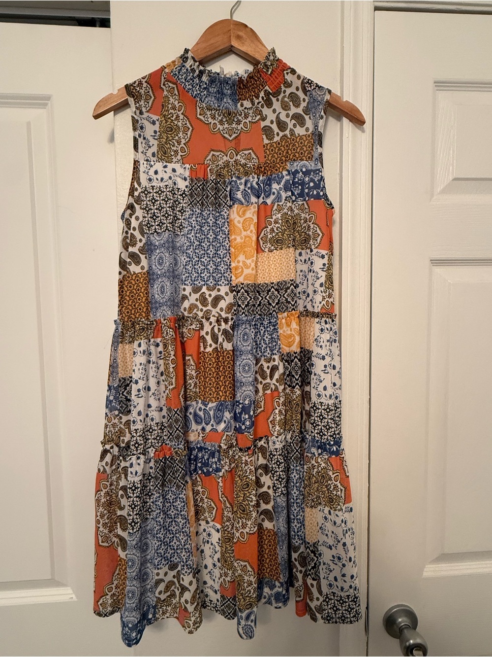 Smocked High Neck Patchwork Tiered Mini Dress - Blue & Orange
